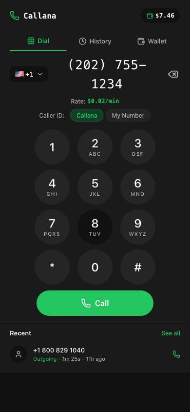 Callana dialer showing US number with rate $0.02/min
