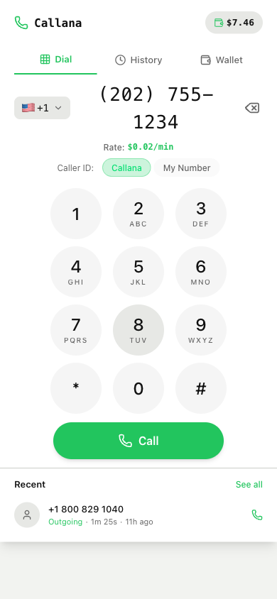 Callana dialer showing US number with rate $0.02/min