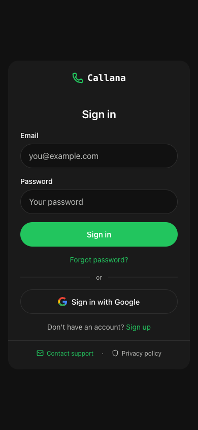 Callana sign-up screen with email, password and Google sign-in options
