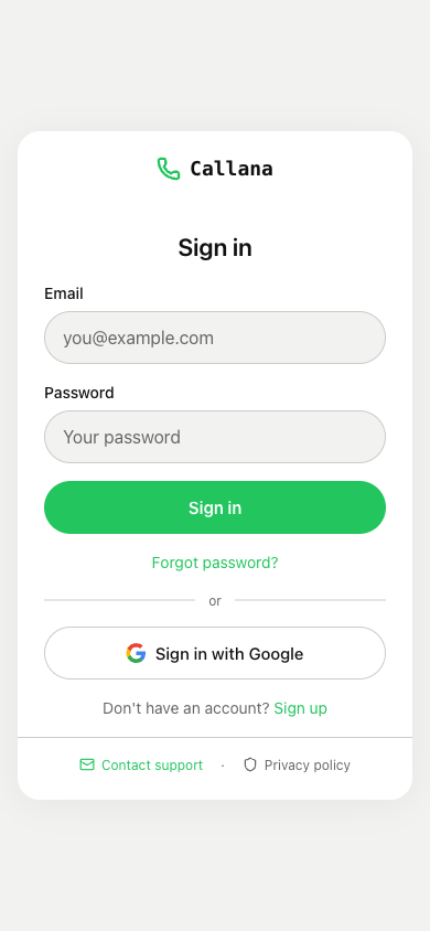 Callana sign-up screen with email, password and Google sign-in options