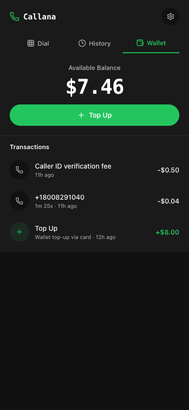 Callana wallet screen showing balance, top-up button and transaction history