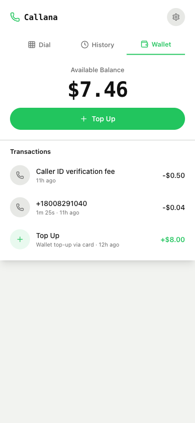 Callana wallet screen showing balance, top-up button and transaction history